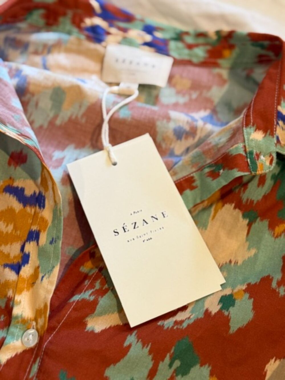 NWT Sézane Pierro Shirt in Fleurs Chinées Camel, Organic Cotton, Size 36 / US 4 - Picture 6 of 6